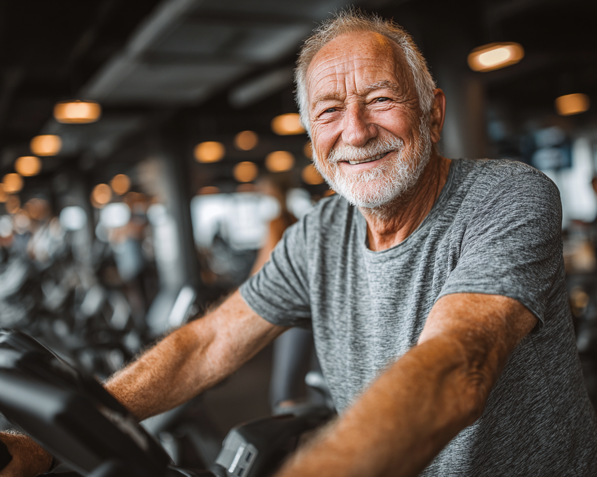 Активні старші люди під час групового заняття фітнесом